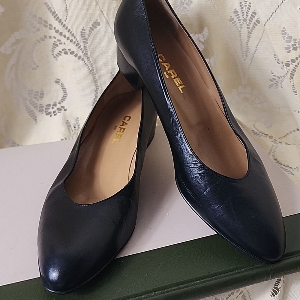 Vintage 70's~80's Carel Paris Fatta A Manno Black Leather Pumps Made In Italy